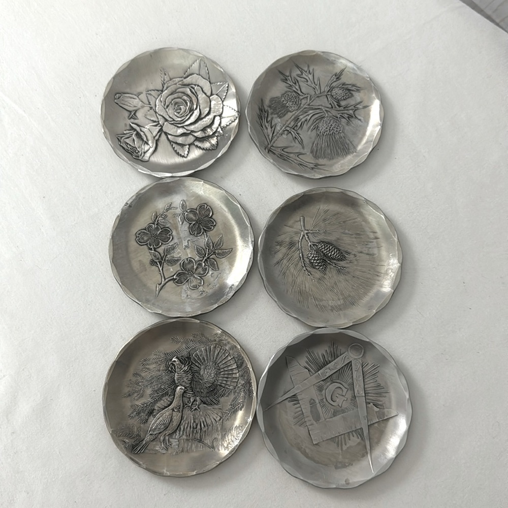Wendell August Forge Set Of 6 Aluminum Coasters Masonic, Turkeys, Dogwood & Rose